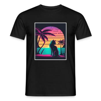 Vaporwave Retro Cat Cat Animal Motif Plage Neon - T-shirt homme - noir - Devant - AI Model Male 178 light (178cm)