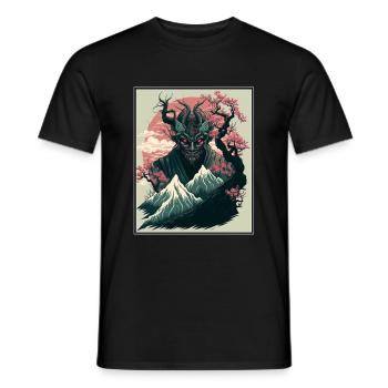 Japan Japanese Demon Cherry Blossom Mountains Retro - Men's T-Shirt - black - Front - AI Model Male 178 light (178cm)
