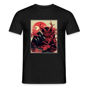 Japan Japanese Demon Cherry Blossom Mountains Retro - Men's T-Shirt - black - Front - AI Model Male 178 light (178cm)