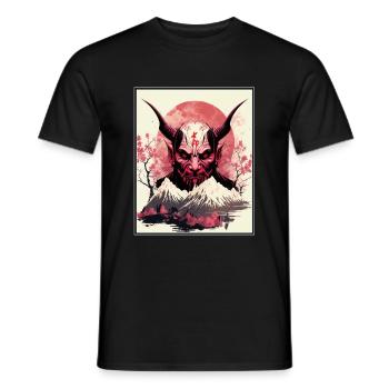 Japan Japanese Demon Cherry Blossom Mountains Retro - Men's T-Shirt - black - Front - AI Model Male 178 light (178cm)