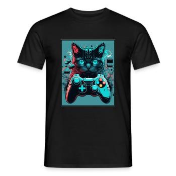 Cats and Gaming Cat Kitten Controller Gaming - Men's T-Shirt - black - Front - AI Model Male 178 light (178cm)