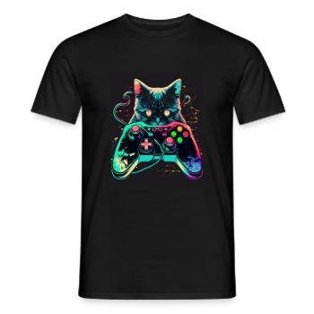 Cats and Gaming Cat Kitten Controller Gaming - Men's T-Shirt - black - Front - AI Model Male 178 light (178cm)
