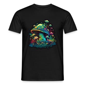 Mushrooms Nature Cosmic Neon Raver Goa Freedom - Men's T-Shirt - black - Front - AI Model Male 178 light (178cm)
