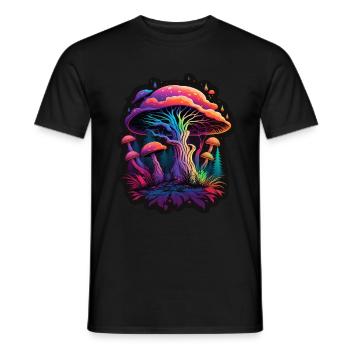 Mushrooms Nature Cosmic Neon Raver Goa Freedom - Men's T-Shirt - black - Front - AI Model Male 178 light (178cm)