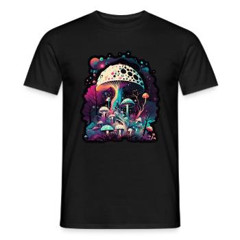 Mushrooms Nature Cosmic Neon Raver Goa Freedom - Men's T-Shirt - black - Front - AI Model Male 178 light (178cm)