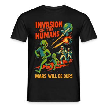 Alien-Invasion parodiert Menschen, die von Entdeckern gejagt werden - Männer T-Shirt - Schwarz - Vorne - AI Model Male 178 light (178cm)