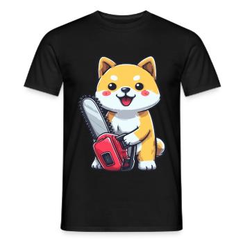 Cute Shiba Inu with Chainsaw – Funny Cartoon Dog - Men's T-Shirt - black - Front - AI Model Male 178 light (178cm)
