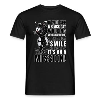 Funny Cat with Backpack - "On Mission" Cartoon - Men's T-Shirt - black - Front - AI Model Male 178 light (178cm)