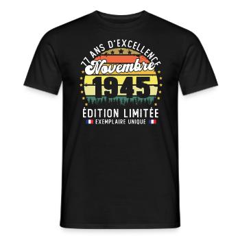 77 Ans Anniversaire Vintage Né en Novembre 1945 - T-shirt homme - noir - Devant - AI Model Male 178 light (178cm)