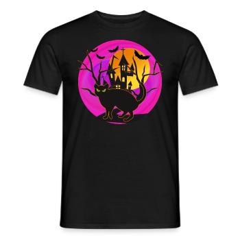 Halloween cat spooky scene horror castle moon bats - Männer T-Shirt - Schwarz - Vorne - AI Model Male 178 light (178cm)