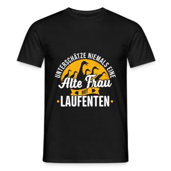 Running Duck Saying Never Underestimate Old Woman - Men's T-Shirt - black - Front - AI Model Male 178 light (178cm)