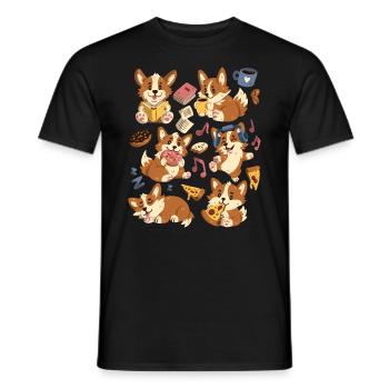 Corgi: Kaffee, Pizza, Donut, Musik, Buch lesen - Männer T-Shirt - Schwarz - Vorne - AI Model Male 178 light (178cm)