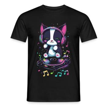 Chat mignon avec des écouteurs et un disque - T-shirt homme - noir - Devant - AI Model Male 178 light (178cm)