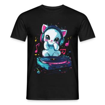 Chat mignon avec des écouteurs et un disque vinyle - T-shirt homme - noir - Devant - AI Model Male 178 light (178cm)