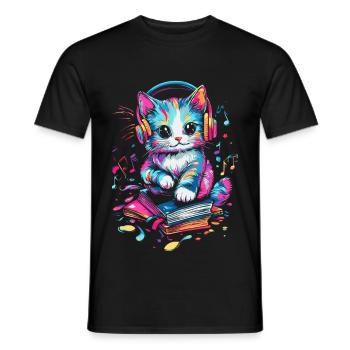 Chat mignon avec des écouteurs et des livres - T-shirt homme - noir - Devant - AI Model Male 178 light (178cm)