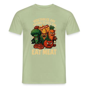 Les légumes attaquent – mangez de la viande à la place ! - T-shirt homme - vert sauge - Devant - AI Model Male 178 light (178cm)