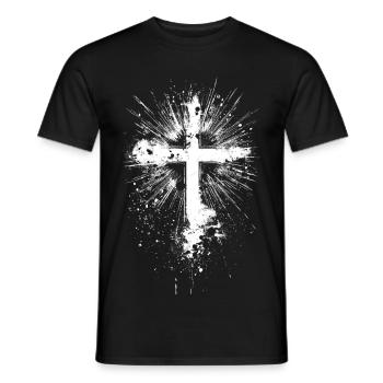 White cross with paint splatter - Men's T-Shirt - black - Front - AI Model Male 178 light (178cm)