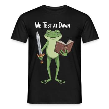 Dawn Test Frog: Schwert und Buch - Männer T-Shirt - Schwarz - Vorne - AI Model Male 178 light (178cm)