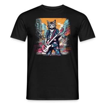 Katze Musiker E Gitarre Roch N Roll Musik Tier - Männer T-Shirt - Schwarz - Vorne - AI Model Male 178 light (178cm)