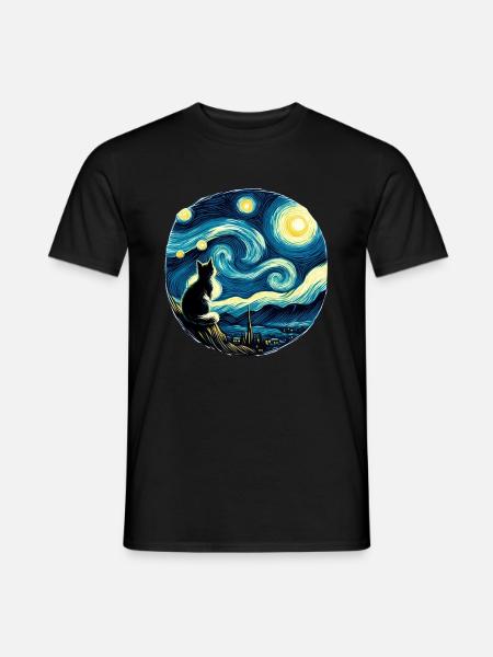 Gemälde Sternennacht Katze Nacht Mond Sterne Kunst - Männer T-Shirt - Schwarz