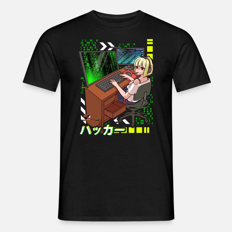 Anime Cyber Hacker Girl Hacking Binary Code - Men’s T-shirt - black