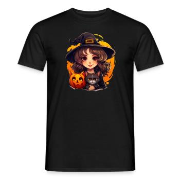 Sorcière d’Halloween avec chat noir et citrouille - T-shirt homme - noir - Devant - AI Model Male 178 light (178cm)