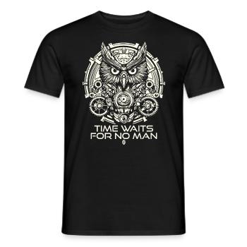 Eulen Uhr: Uhrwerk, Zeit wartet auf niemanden - Männer T-Shirt - Schwarz - Vorne - AI Model Male 178 light (178cm)