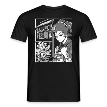Cartoon Manga Stil: Japanisches Leben einer Geisha - Männer T-Shirt - Schwarz - Vorne - AI Model Male 178 light (178cm)
