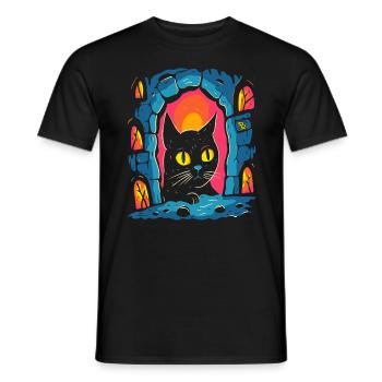 A work of art: Cartoon of a cat in a dungeon - Men's T-Shirt - black - Front - AI Model Male 178 light (178cm)