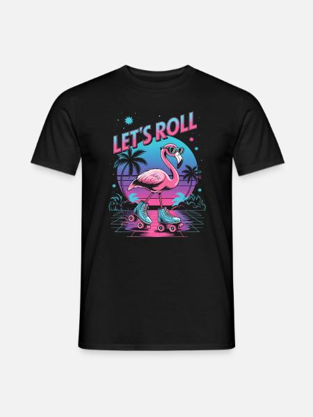 Flamingo auf Rollschuhen - Retro 80er - Männer T-Shirt - Schwarz