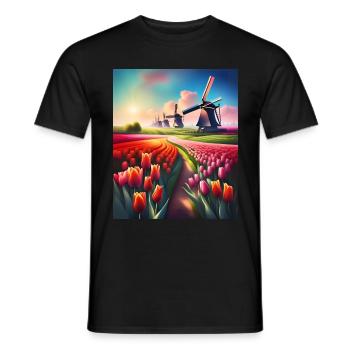 Gorgeous landscape of tulips in Netherlands - Men's T-Shirt - black - Front - AI Model Male 178 light (178cm)