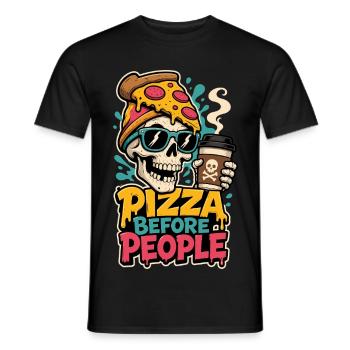 Pizza Before People – Totenkopf mit Kaffee - Männer T-Shirt - Schwarz - Vorne - AI Model Male 178 light (178cm)