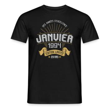 Des Années D'excellence Janvier 1994 29 Ans - T-shirt homme - noir - Devant - AI Model Male 178 light (178cm)