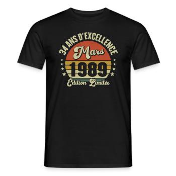 34 Ans D'excellence Mars 1989 Édition Limitée - T-shirt homme - noir - Devant - AI Model Male 178 light (178cm)