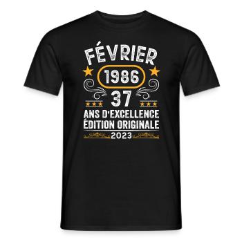 Anniversaire Vintage Idée Cadeau Février 1986 37 - T-shirt homme - noir - Devant - AI Model Male 178 light (178cm)