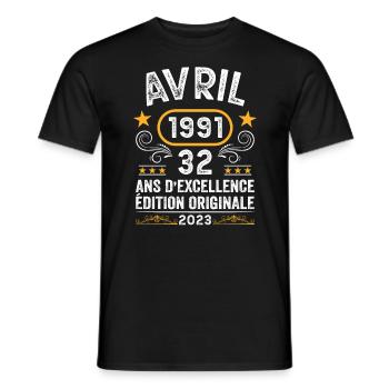 Anniversaire Vintage Idée Cadeau Avril 1991 32 - T-shirt homme - noir - Devant - AI Model Male 178 light (178cm)