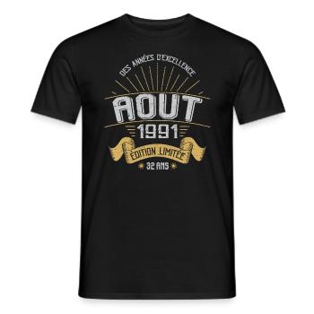 Août 1991 32 Ans Anniversaire Vintage Cadeau - T-shirt homme - noir - Devant - AI Model Male 178 light (178cm)