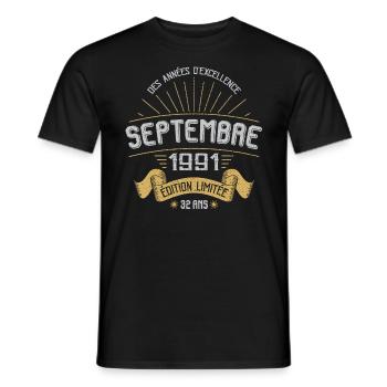 Septembre 1991 32 Ans Anniversaire Vintage Cadeau - T-shirt homme - noir - Devant - AI Model Male 178 light (178cm)
