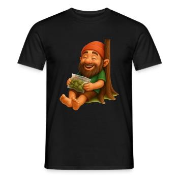 Zwerg an Baumstamm lehnend mit Weedbeutel - Männer T-Shirt - Schwarz - Vorne - AI Model Male 178 light (178cm)