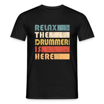 Relax The Drummer is Here Funny Saying Vintage - Men's T-Shirt - black - Front - AI Model Male 178 light (178cm)