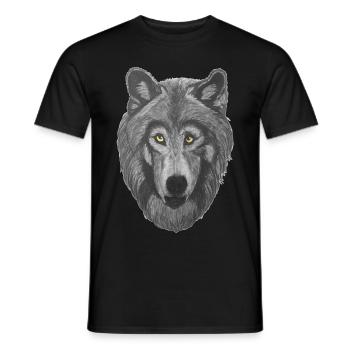 Wolf wolf head with gray fur and yellow eyes - Men's T-Shirt - black - Front - AI Model Male 178 light (178cm)