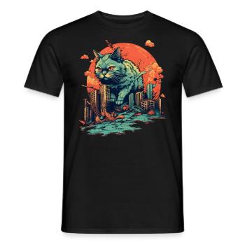 Kaiju Cat destroys City, Giant Evil Cat Japan - Men's T-Shirt - black - Front - AI Model Male 178 light (178cm)