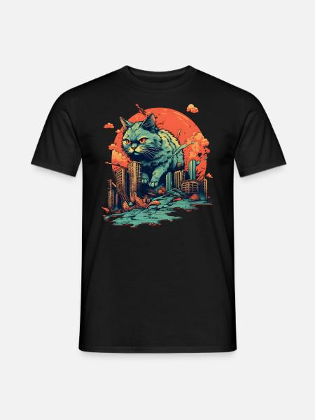 Kaiju Cat destroys City, Giant Evil Cat Japan - Men's T-Shirt - black