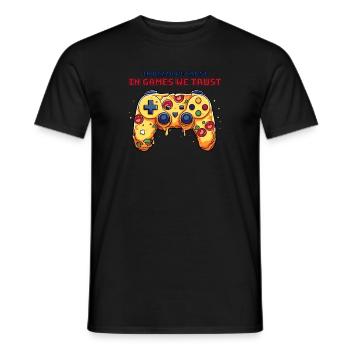 Pizza Gamer T-shirt | Wir Vertrauen Auf Spiele - Männer T-Shirt - Schwarz - Vorne - AI Model Male 178 light (178cm)