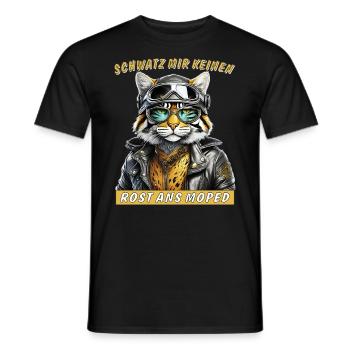 KATZE LEDERJACKE SCHWATZ MIR KEINEN ROST ANS M - Männer T-Shirt - Schwarz - Vorne - AI Model Male 178 light (178cm)