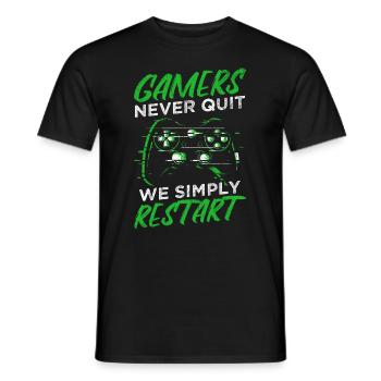 Gamers Never Quit - We Simply Restart Gaming Gamer - Männer T-Shirt - Schwarz - Vorne - AI Model Male 178 light (178cm)