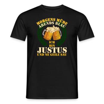 Justus - Morgens Müde Abends Blau Geile Sau Justus - Männer T-Shirt - Schwarz - Vorne - AI Model Male 178 light (178cm)