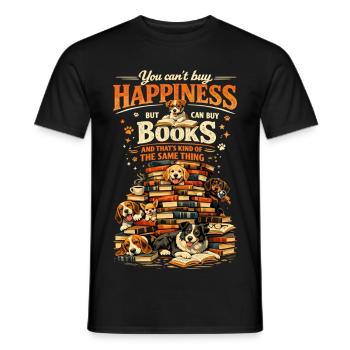 Book Stack & Dogs: You Can't Buy Happiness - Men's T-Shirt - black - Front - AI Model Male 178 light (178cm)