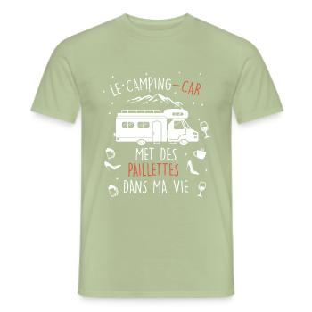 Camping car paillettes Humour Camping car - T-shirt homme - vert sauge - Devant - AI Model Male 178 light (178cm)