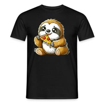Cute Sloth Enjoys Pizza Cartoon - Men's T-Shirt - black - Front - AI Model Male 178 light (178cm)